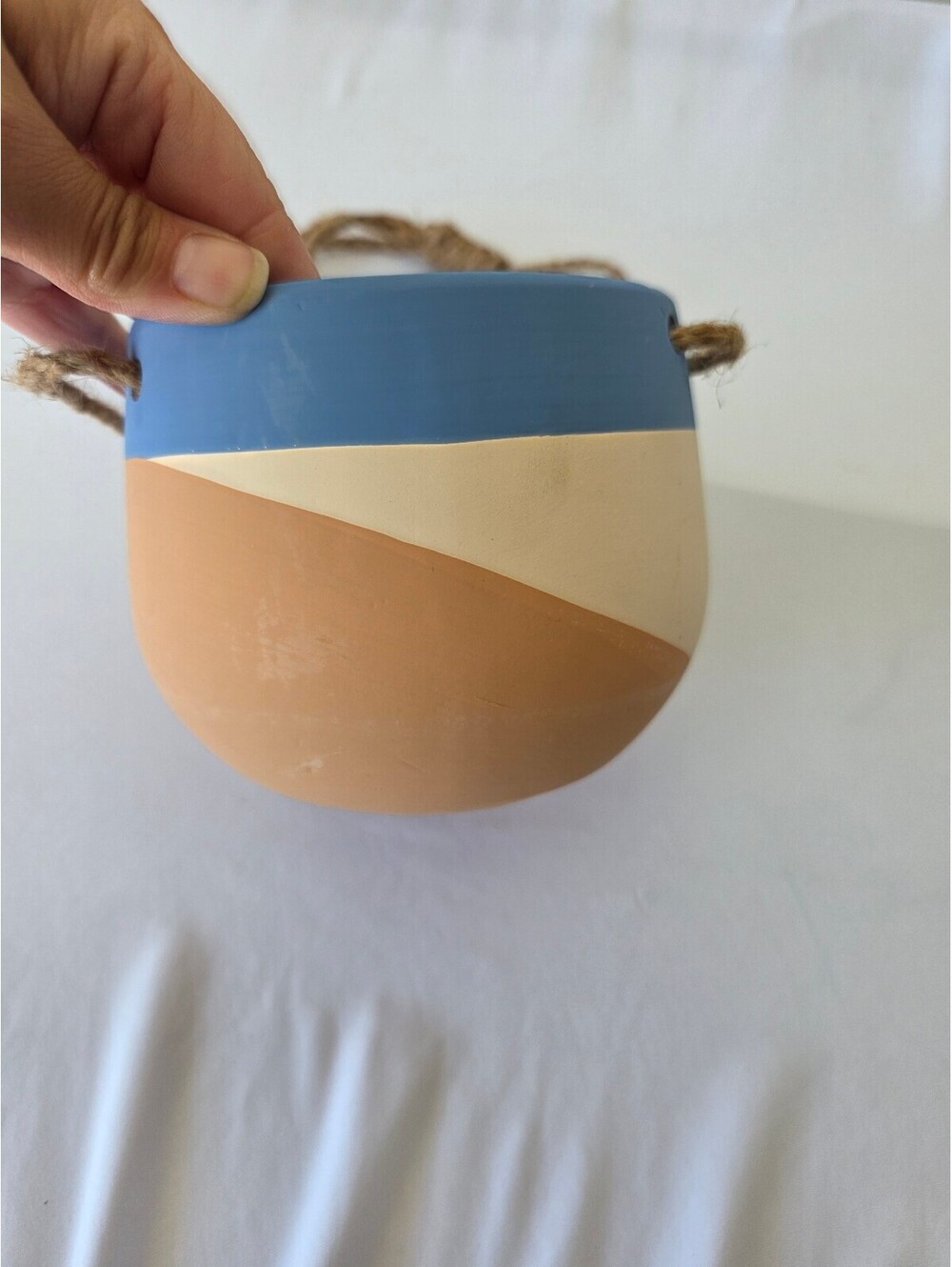 Bohemian Ceramic Planter with Blue, Cream, and Tan Design